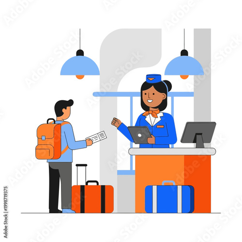Vector illustration of a male traveler with a backpack presenting a ticket to a female airline ground crew member at an airport check-in desk with a tablet, monitor, and luggage.