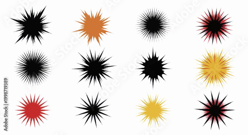 Collection of abstract starburst shapes in various colors and styles.
