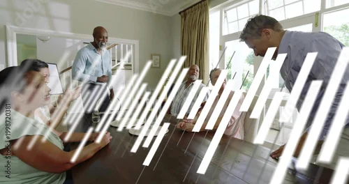Fototapeta Gathering family of six chatting at home dining table with dark wood finish, glasses, white overlay