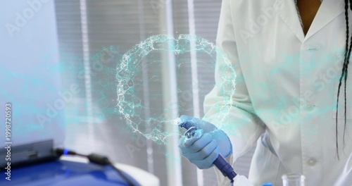 Using pipette, researcher in lab coat, nitrile gloves at bench with cyan molecular ring, copy space
