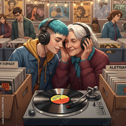 Candid Moment of two Women Sharing a Headphone to Listen to a Vinyl Record.