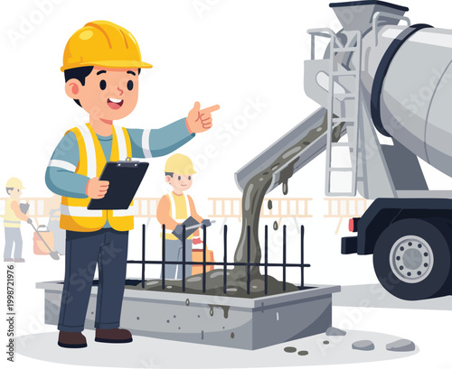 Diligent construction crew pours a concrete foundation at an active building site, with an engineer supervising the essential progress