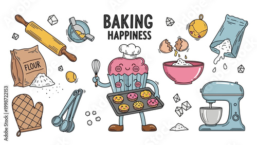 Cute Cupcake Character Baking Happiness with Kitchen Utensils.