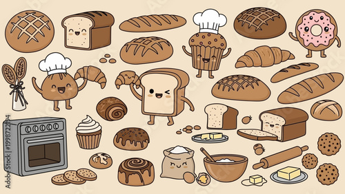 Cute Kawaii Bakery Food Collection with Bread and Pastries.