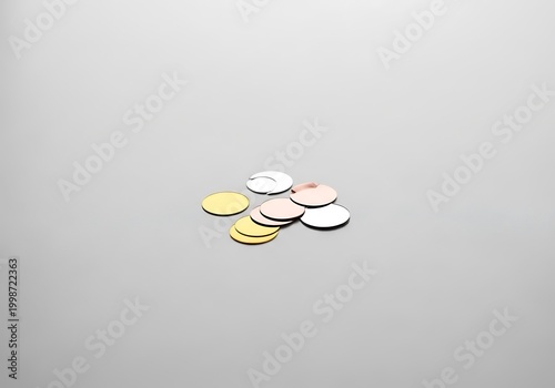 Colorful Coins Spread Out on Light Gray Surface.