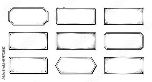 rectangular frame set, hexagonal border design, decorative label boxes, geometric text frames, modern name tag templates, stylish border collection, elegant outline frames, badge label graphics, decor