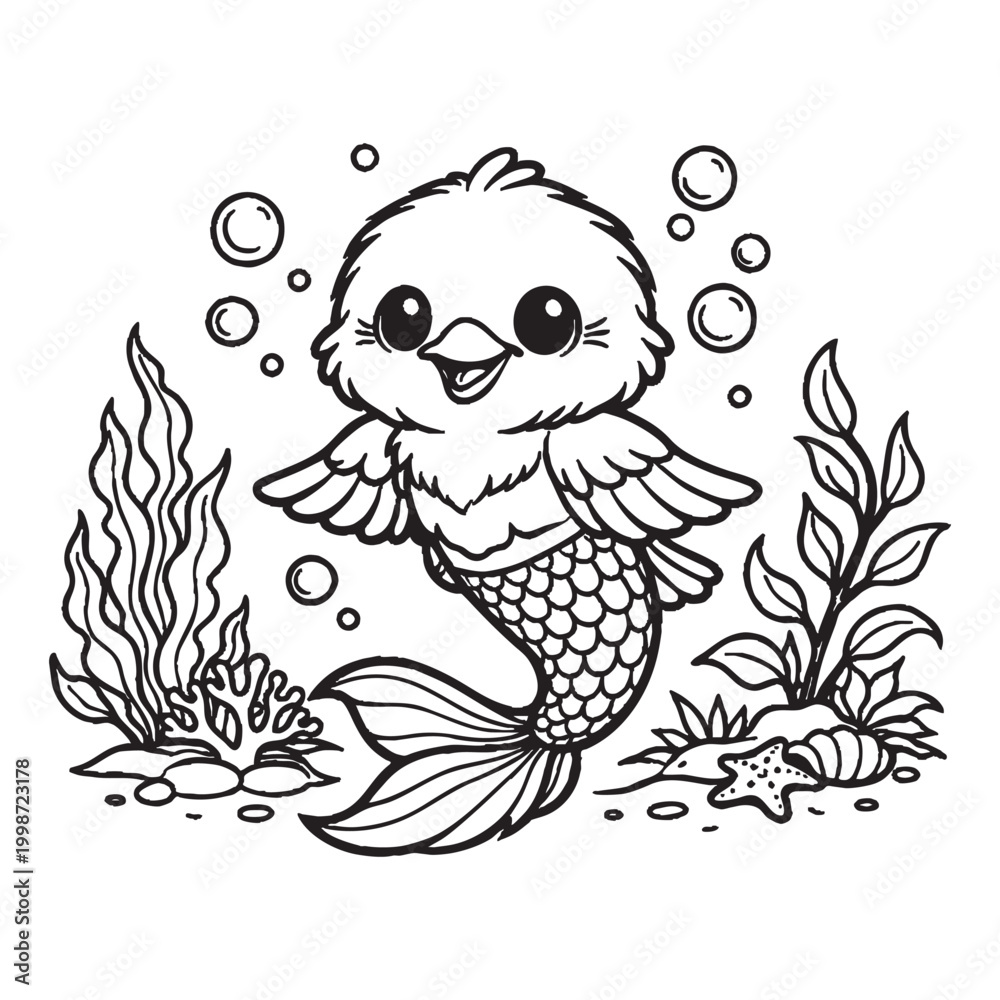 Fototapeta premium Cute Baby Bird Mermaid Underwater Coloring Page — Kawaii Fantasy Sea Creature Printable for Kids and Beginners