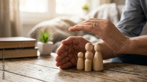 Hand protecting wooden peg people figures on desk with books and plant. Family protection insurance, team management, workforce security, employee benefits, and risk mitigation concept.