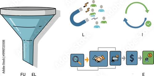 Sales funnel marketing icons set, lead generation magnet and customer conversion process, business strategy workflow vector illustration