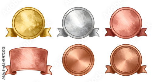 award medal set, gold silver bronze badges, first second third prize, winner medal icons, blank award circles, achievement badge design, championship medals, victory emblem collection, ranking prize b