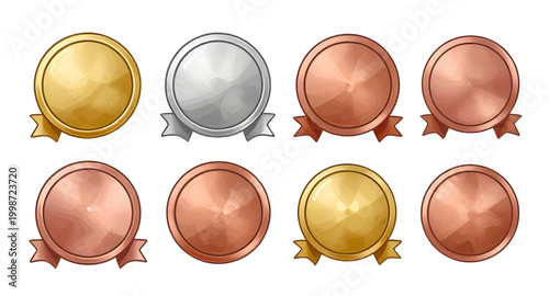 medal, badge, award, prize, gold, silver, bronze, winner, first, second, third, achievement, trophy, emblem, circle, vector, simple