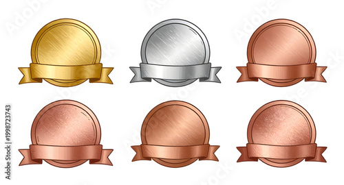 award medal set, gold silver bronze badges, first second third prize, winner medal icons, blank award circles, achievement badge design, championship medals, victory emblem collection, ranking prize b