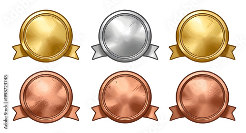 award medal set, gold silver bronze badges, first second third prize, winner medal icons, blank award circles, achievement badge design, championship medals, victory emblem collection, ranking prize b