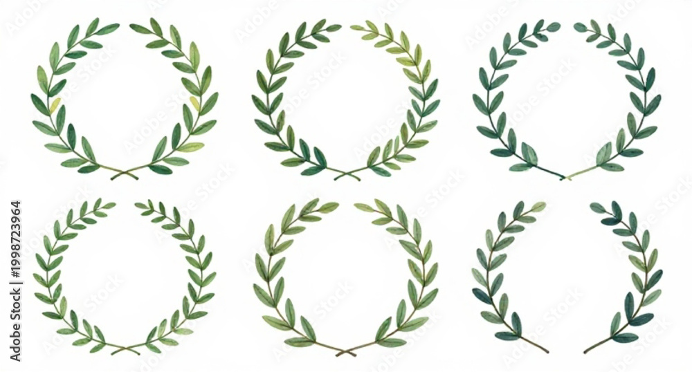 Obraz premium green laurel wreath, hand drawn wreath, victory symbol set, award emblem design, achievement badge icon, honor wreath illustration, winner laurel branches, decorative leaf frame, success symbol graphi