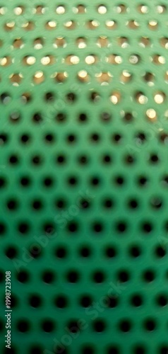 Green perforated metal texture with circular holes, industrial grid pattern, abstract background ideal for technology, construction, and modern design