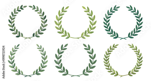 green laurel wreath, hand drawn wreath, victory symbol set, award emblem design, achievement badge icon, honor wreath illustration, winner laurel branches, decorative leaf frame, success symbol graphi