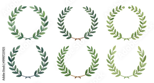 green laurel wreath, hand drawn wreath, victory symbol set, award emblem design, achievement badge icon, honor wreath illustration, winner laurel branches, decorative leaf frame, success symbol graphi
