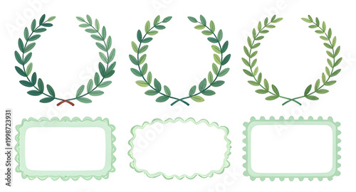 green laurel wreath, hand drawn wreath, victory symbol set, award emblem design, achievement badge icon, honor wreath illustration, winner laurel branches, decorative leaf frame, success symbol graphi