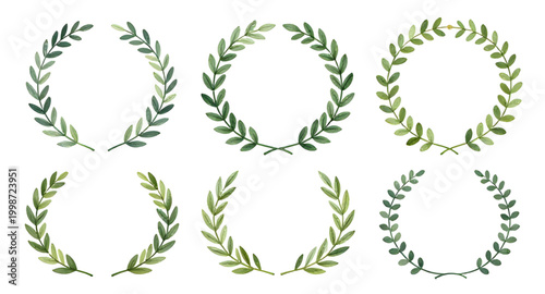 green laurel wreath, hand drawn wreath, victory symbol set, award emblem design, achievement badge icon, honor wreath illustration, winner laurel branches, decorative leaf frame, success symbol graphi