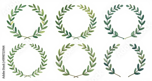 green laurel wreath, hand drawn wreath, victory symbol set, award emblem design, achievement badge icon, honor wreath illustration, winner laurel branches, decorative leaf frame, success symbol graphi