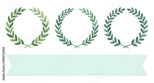 green laurel wreath, hand drawn wreath, victory symbol set, award emblem design, achievement badge icon, honor wreath illustration, winner laurel branches, decorative leaf frame, success symbol graphi