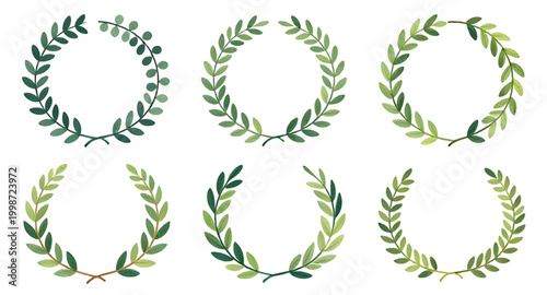 green laurel wreath, hand drawn wreath, victory symbol set, award emblem design, achievement badge icon, honor wreath illustration, winner laurel branches, decorative leaf frame, success symbol graphi