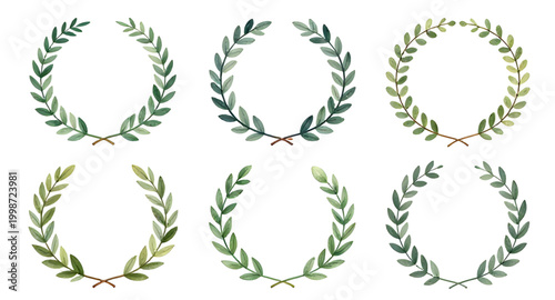 green laurel wreath, hand drawn wreath, victory symbol set, award emblem design, achievement badge icon, honor wreath illustration, winner laurel branches, decorative leaf frame, success symbol graphi