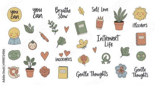 Collection of positive affirmations and self care illustrations.