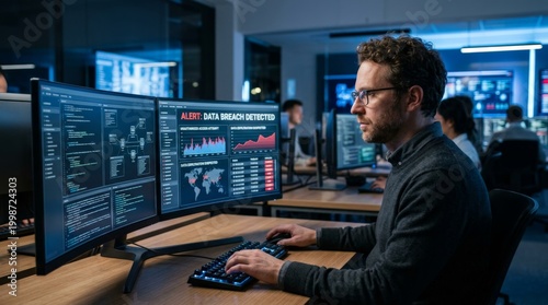 Cybersecurity analyst monitoring data breach alert on multiple screens in SOC control room. Network security threat detection, incident response, real-time monitoring, cyber attack prevention.