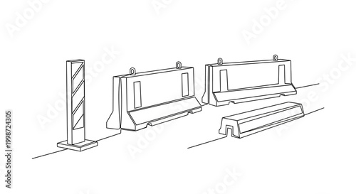 Construction Site Barriers and Signpost Line Drawing