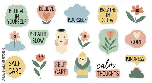 Bild auf Leinwand Collection of self-care and positive affirmation stickers with floral elements and cute characters