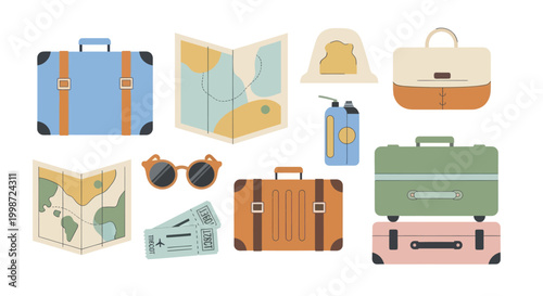 Collection of travel essentials including suitcases, maps, and camping gear for an adventurous journey.