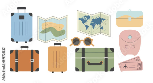 Collection of travel items including suitcases maps sunglasses and tickets.