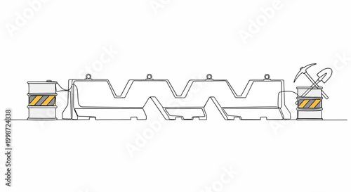 Construction barrier with warning barrels and tools, line art illustration