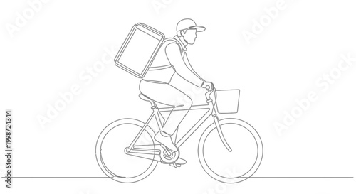 Delivery man riding bicycle with thermal backpack, single line art, minimalist illustration