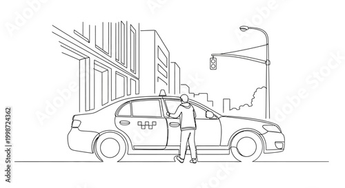 Sketch of a person entering a taxi on a city street with buildings and traffic light