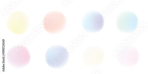 Colorful pastel gradient noise round element set. Opalescent dotwork gradation circles. Pastel pink, blue and green textured shapes. Kids sand diffuse effect callouts. Vector paint spray balls icons.