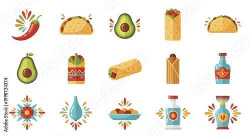 Collection of vibrant Mexican food and drink icons, including tacos, burritos, avocados, and tequila bottles, with decorative elements.