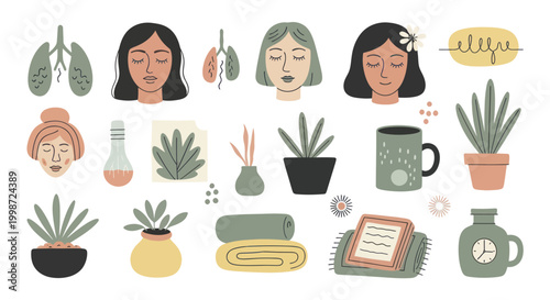 Collection of wellness and self-care elements including diverse women, plants, and cozy items.