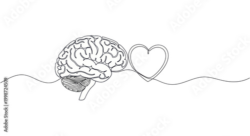 Continuous line drawing of brain connected to heart symbol.