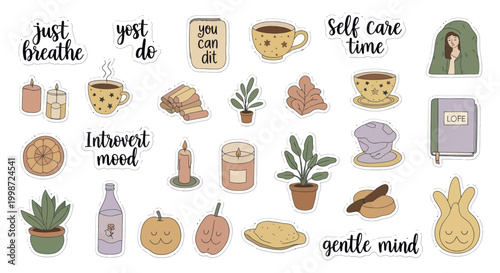 Cozy self care and introvert mood stickers with plants and warm drinks.