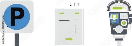 Parking infrastructure vector set, blue parking sign and electronic payment terminal, modern street parking meter icons for urban transport
