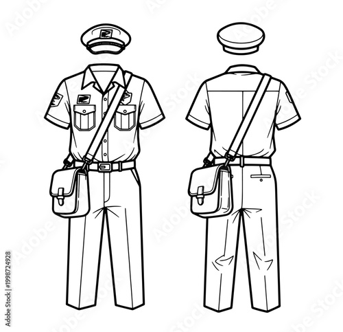 Vector line art of a mail carrier uniform with satchel, peaked cap, and shirt, front and back.