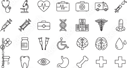 Medical Healthcare Line Icons Set – Thin Outline Vector Collection of Hospital, Medicine and Health Symbols Isolated on White Background