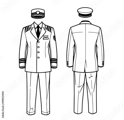 Vector line art of a male airline pilot uniform with blazer, epaulettes, and peaked cap.