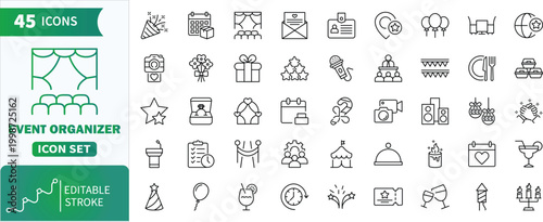 Event organizer icons set. Collection of line icons representing event planning, party, celebration, and organization services