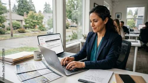 Professional woman working at laptop in modern office with dual monitors and coffee. Business productivity, remote work efficiency, corporate communication, and professional development concept.