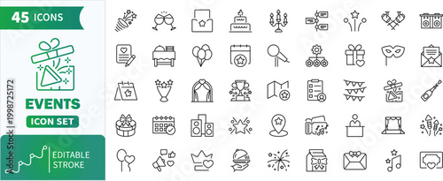 Event line icons set. Collection of outline icons representing various elements of event organization and festive occasions