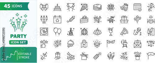 Party celebrations line icon set . Collection of depicting various party and celebration themes .editable stroke