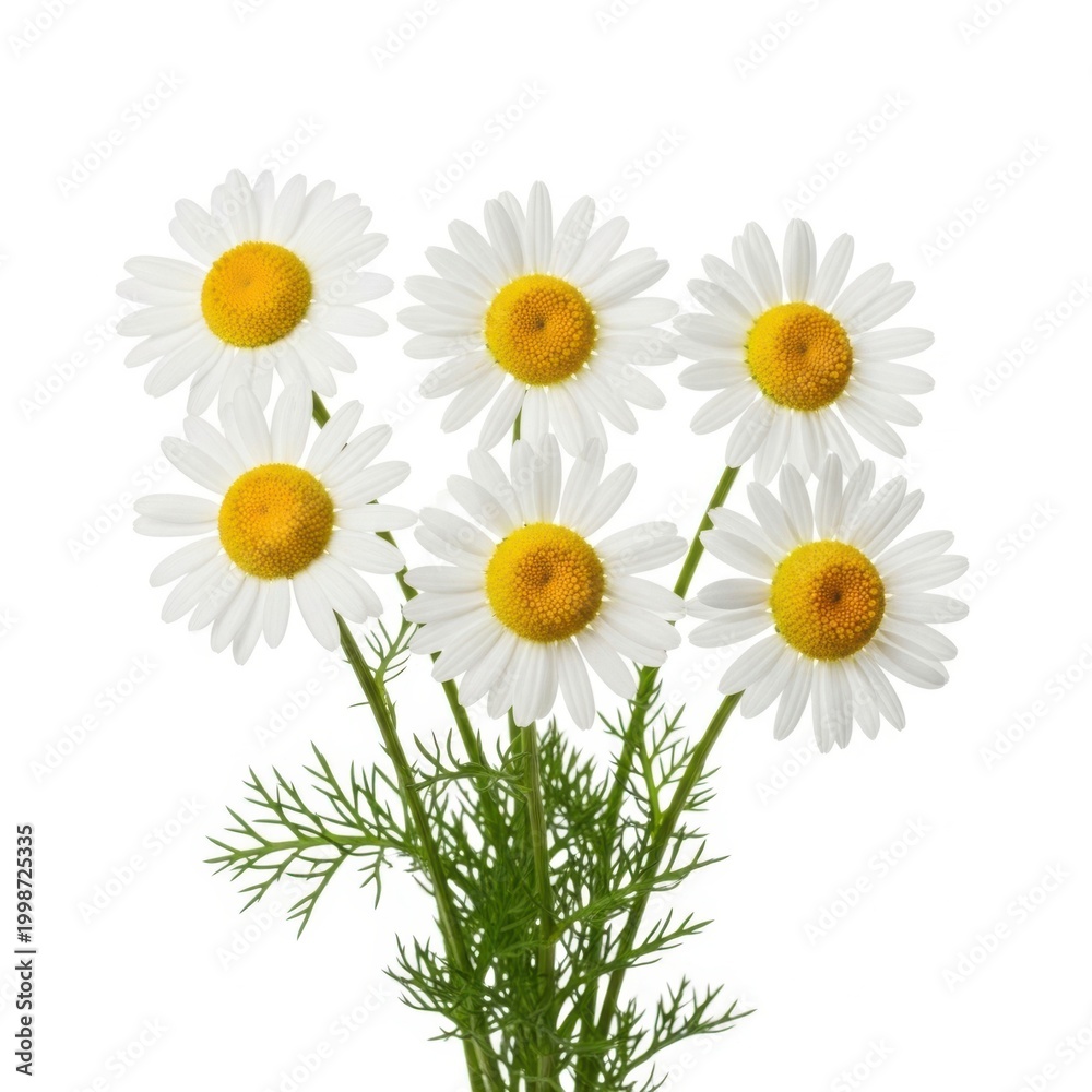 Obraz premium Fresh white daisy flowers bunch with green stems isolated on white background cut.